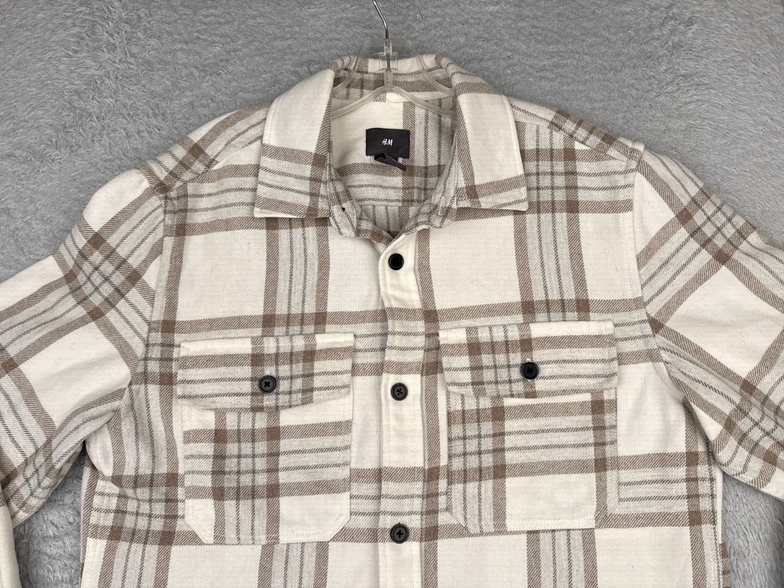 H&M Shirt Men Medium Beige White Plaid Flannel Poly Wool Blend Button Up Pockets