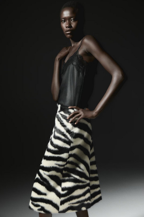 H&M Zip-Front Napped Finish Skirt Black Zebra Print 1322799004 XS,S,M,L,XL,XXL