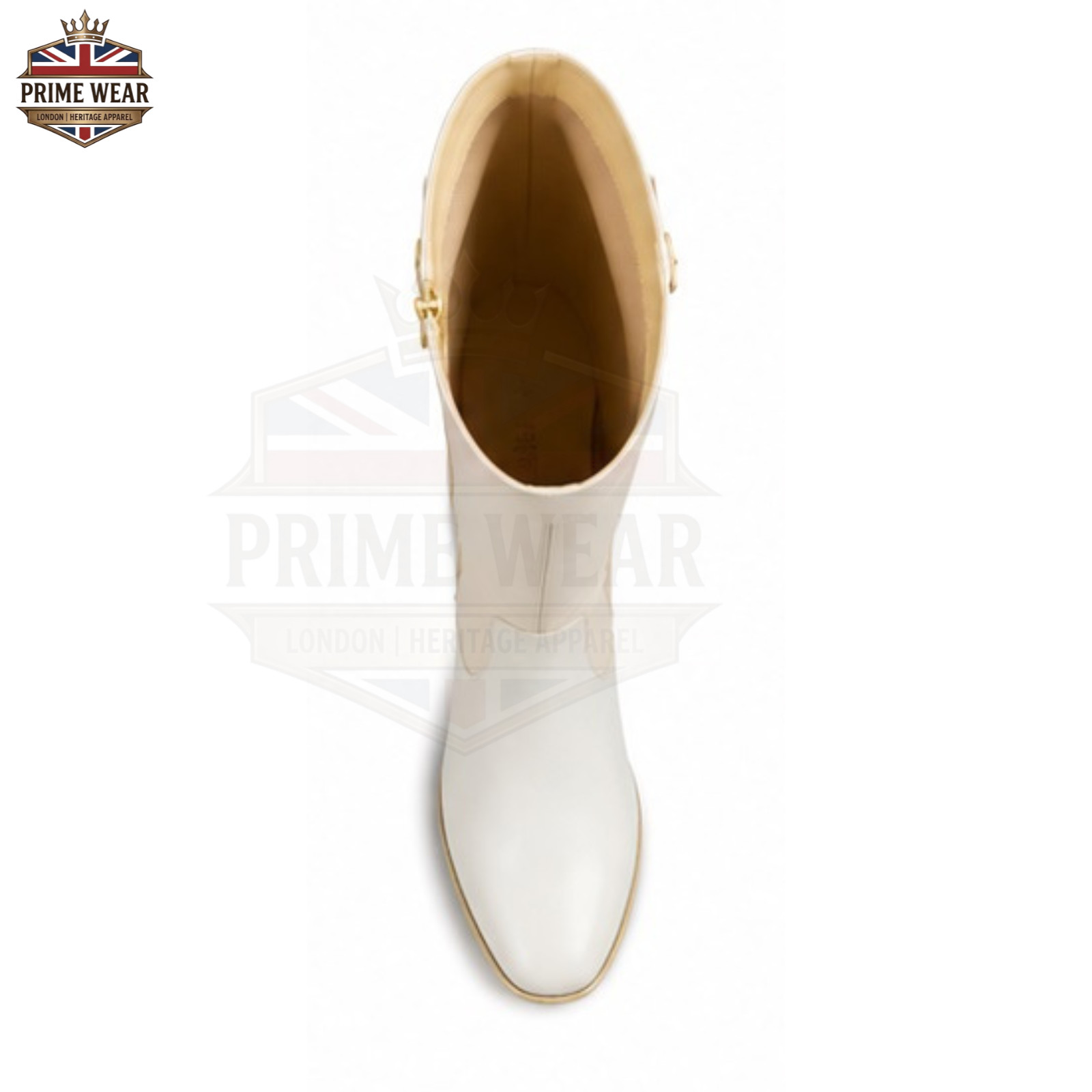 Womens Ivory Genuine Leather Knee High Riding Boots Gold Zip Buckle Equestrian