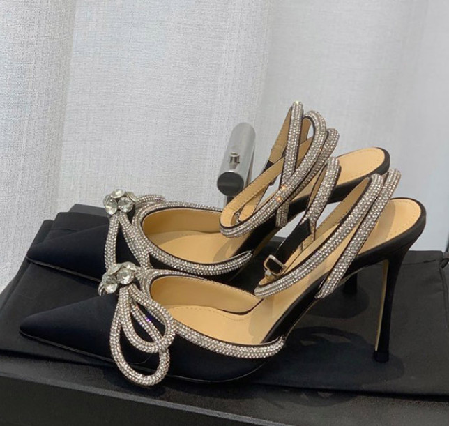 Women Rhinestone Ankle Strappy Pumps Bowknot Pointed Toe Stilettos Glitter Shoes