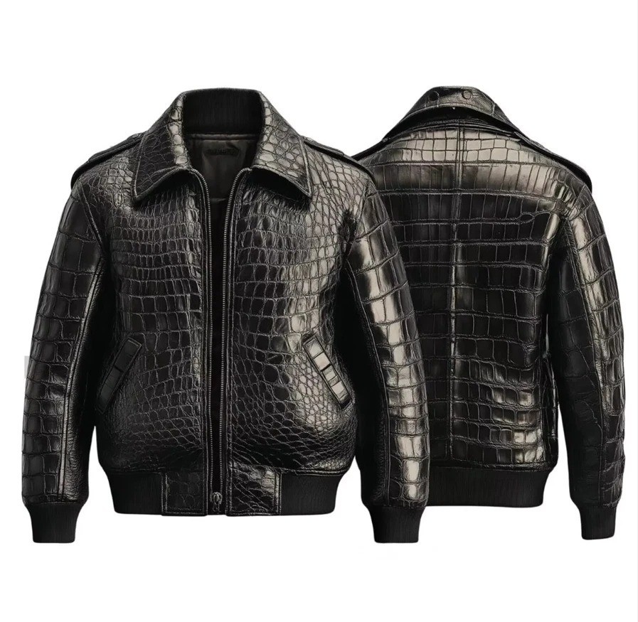 Men’s Black Real Leather Crocodile Embossed Luxury Alligator Print Bomber Jacket