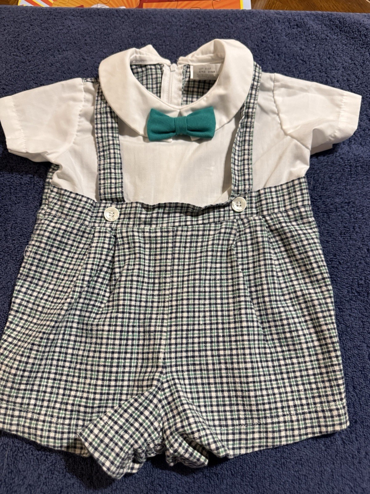 Vintage Michael James Infant Plaid Shorts Romper White Peter Pan Collar Bow tie