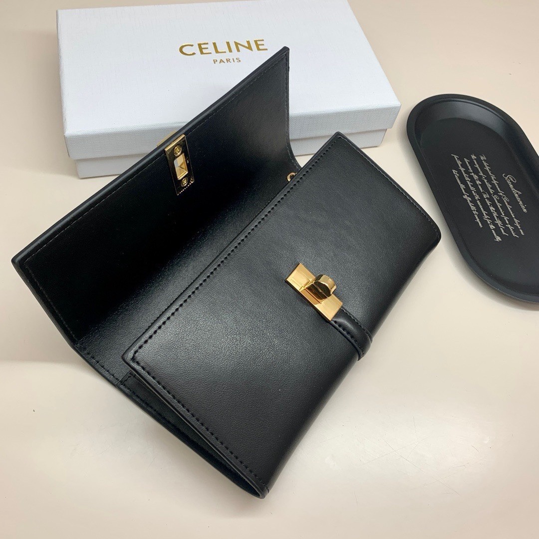 CELINE Black Solid Wallet Gold Logo Clasp Zipper Poker Credit Card Holder