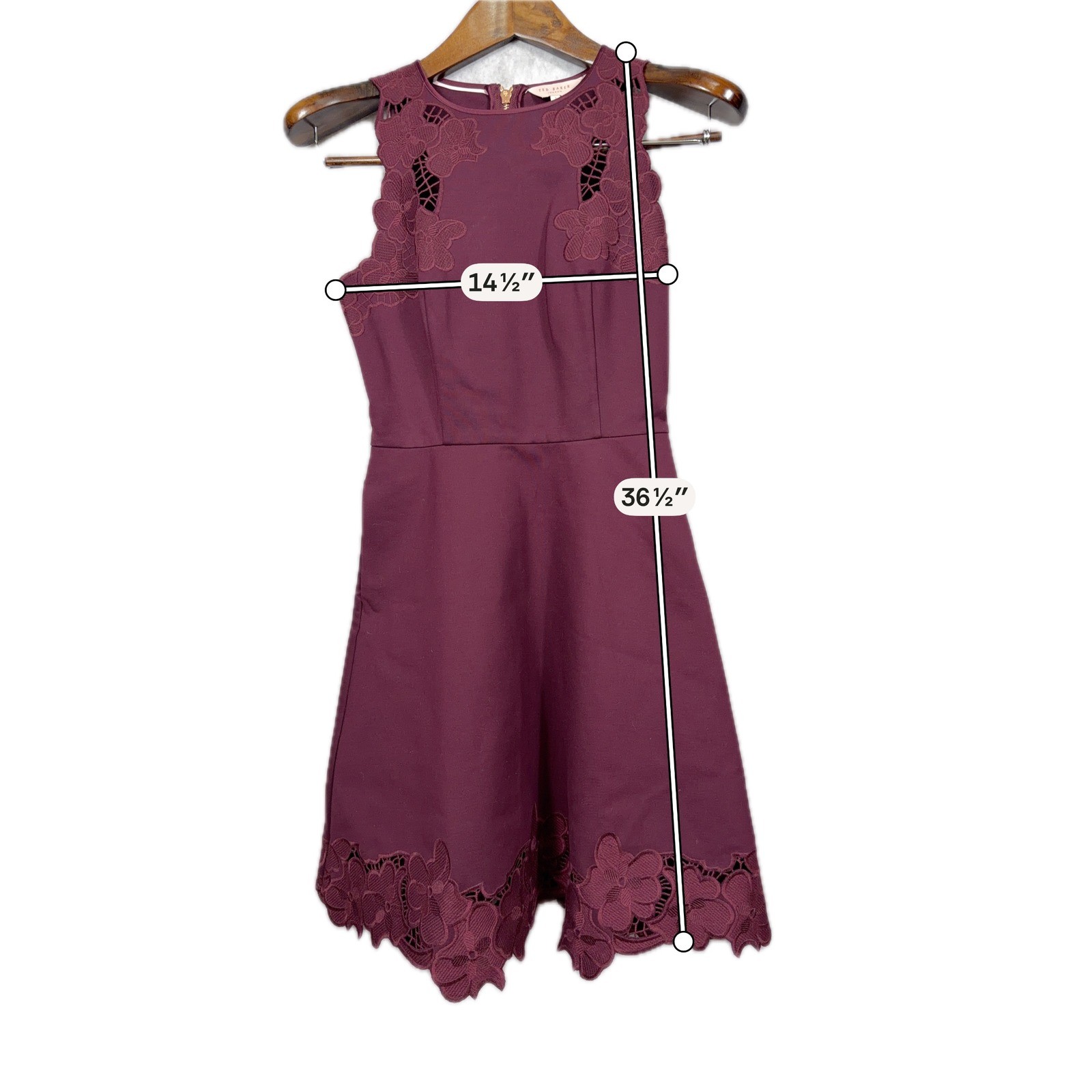Ted Baker Emmona Floral Lace Cut Out Fit and Flare Dress Size 1 Burgundy Maroon