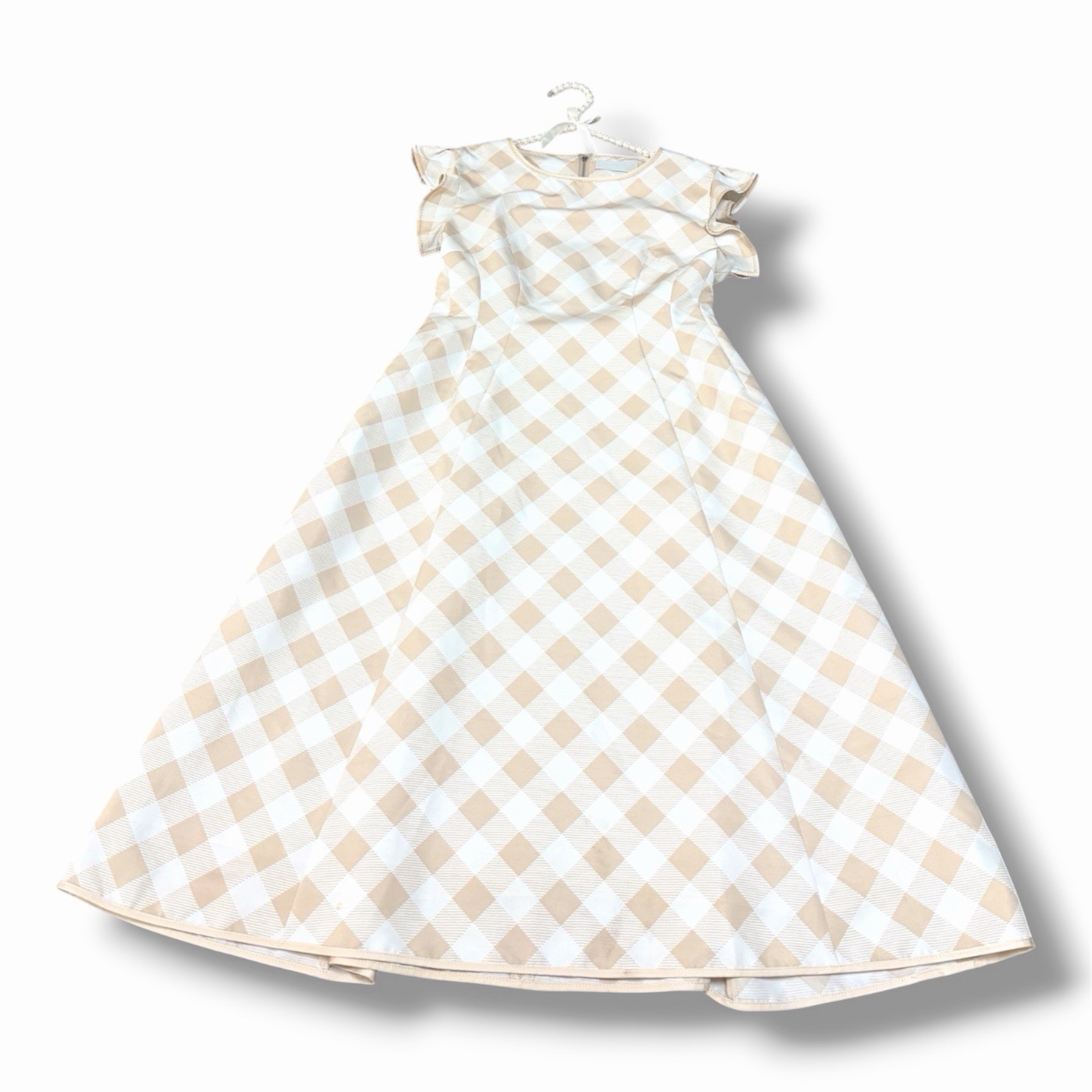 CELFORD Gingham Check Flare Dress Size 36 Beige White Ruffle Sleeve Japan