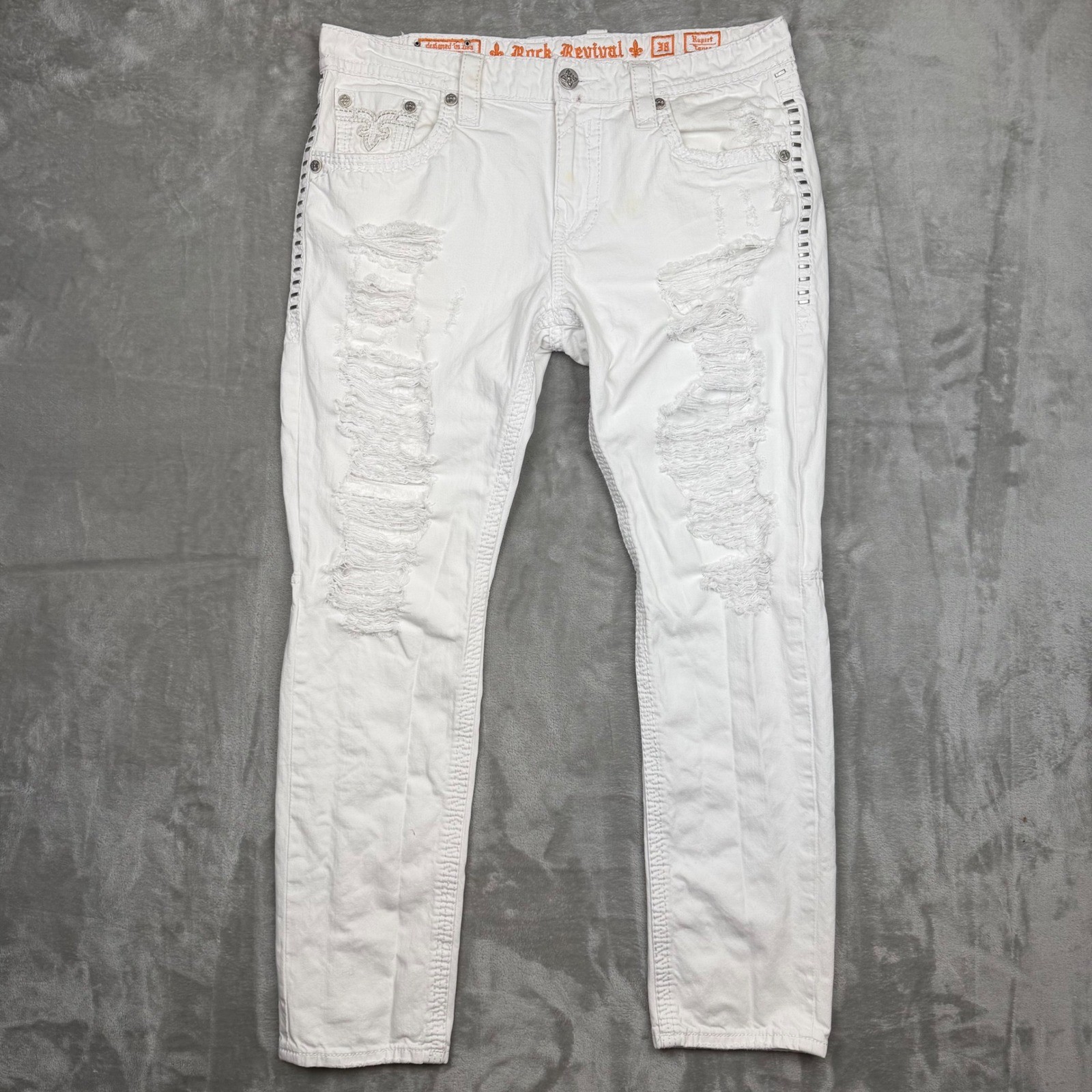 Rock Revival Rupert TA1 Mens 38 White Distressed Studded Straight Jeans