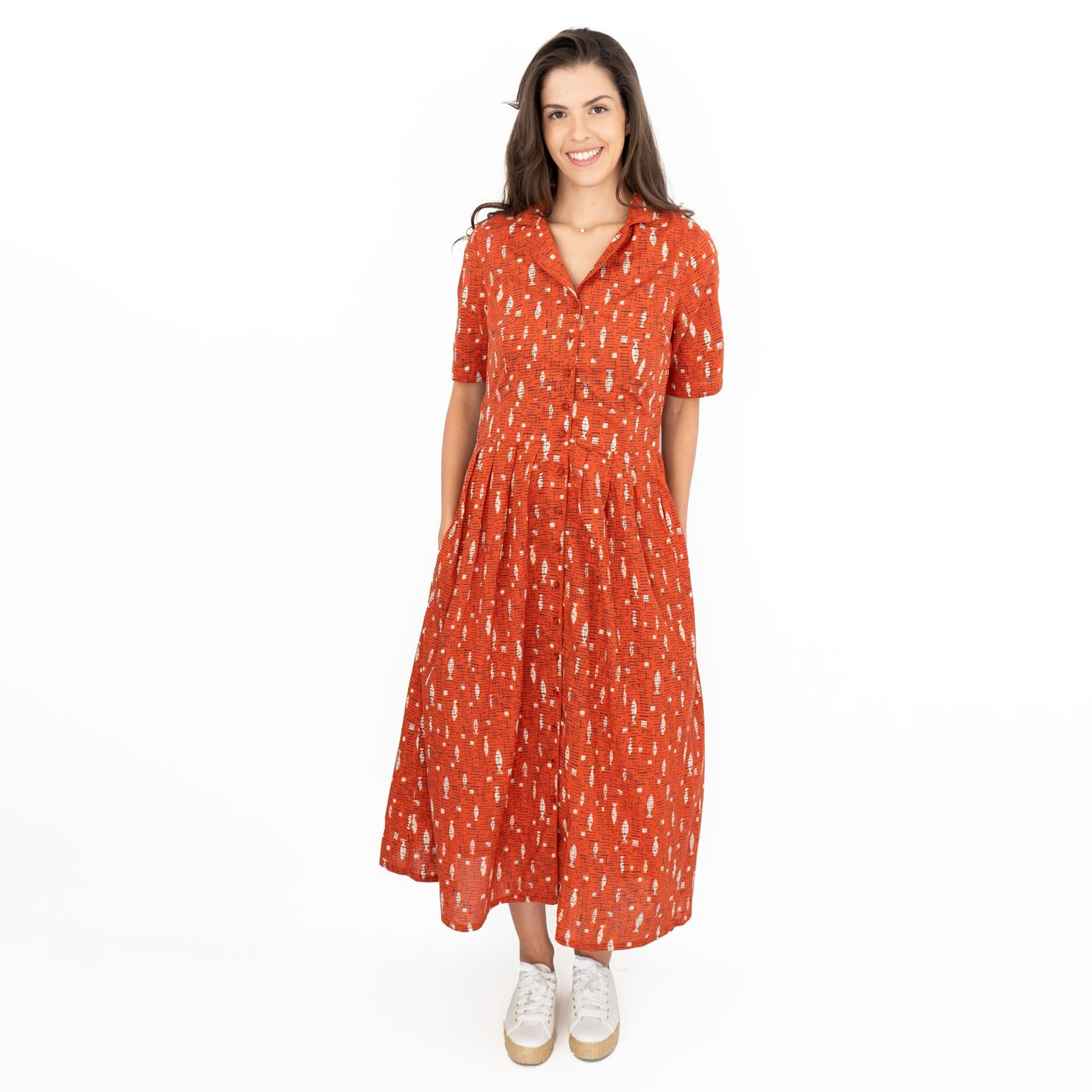 Seasalt Womens Dress Charlotte Fish Orange Cotton Midi Fit & Flare Pockets