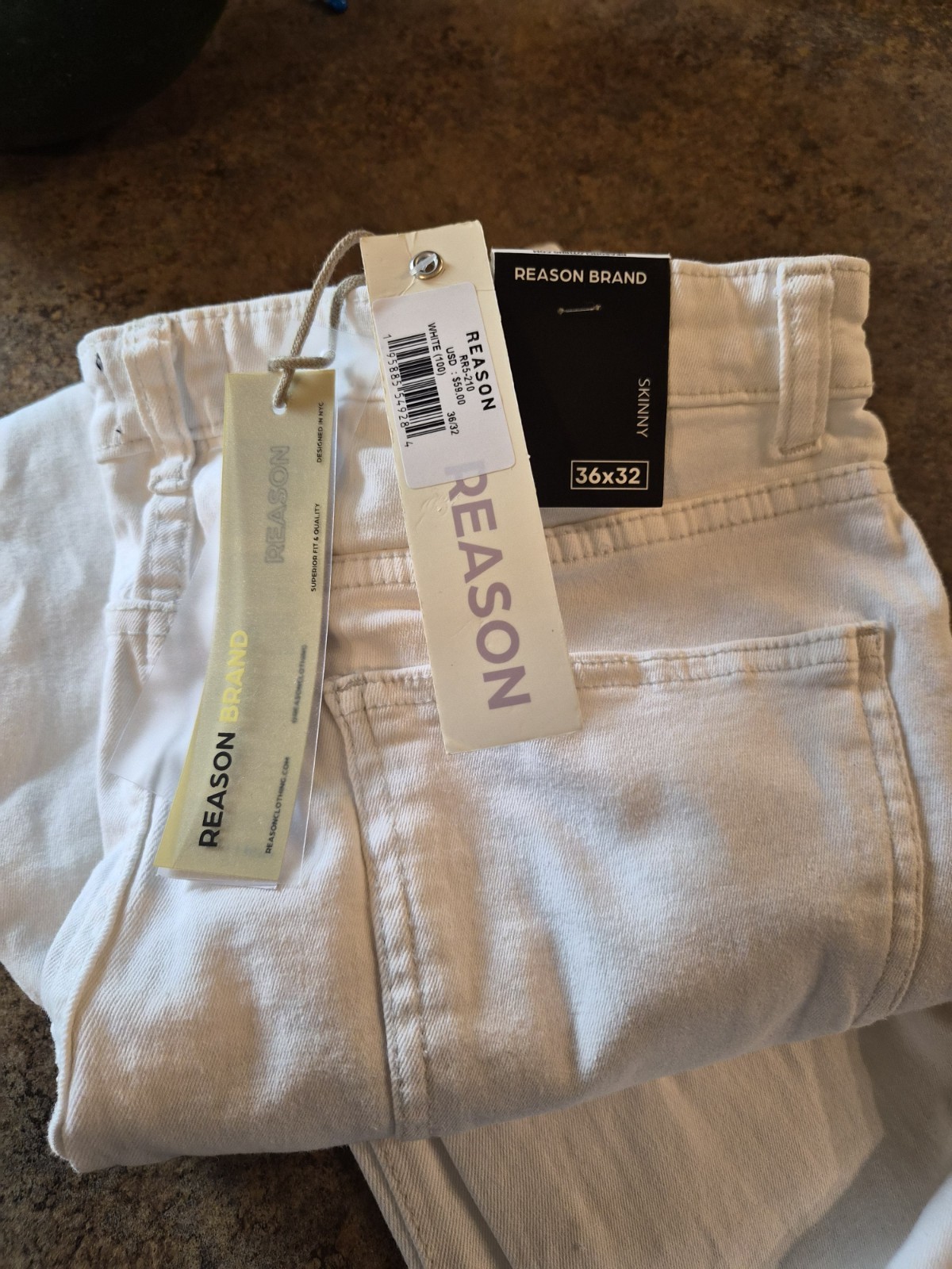 Reason Brand Men’s Skinny White Distressed Denim Jeans 5-Pocket Button