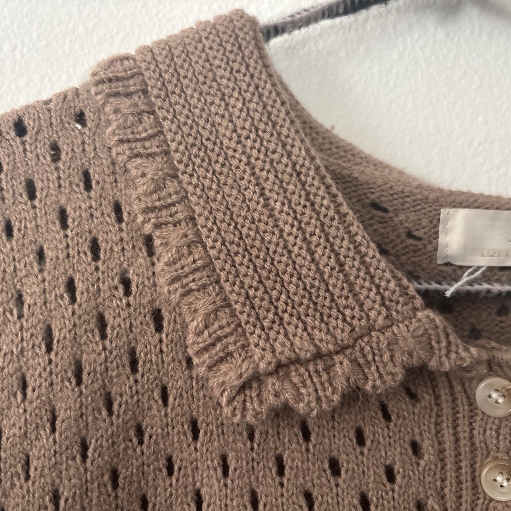 Lizette Collection Brown Open-Knit Ruffled Collar Button Short Sleeve Pullover L