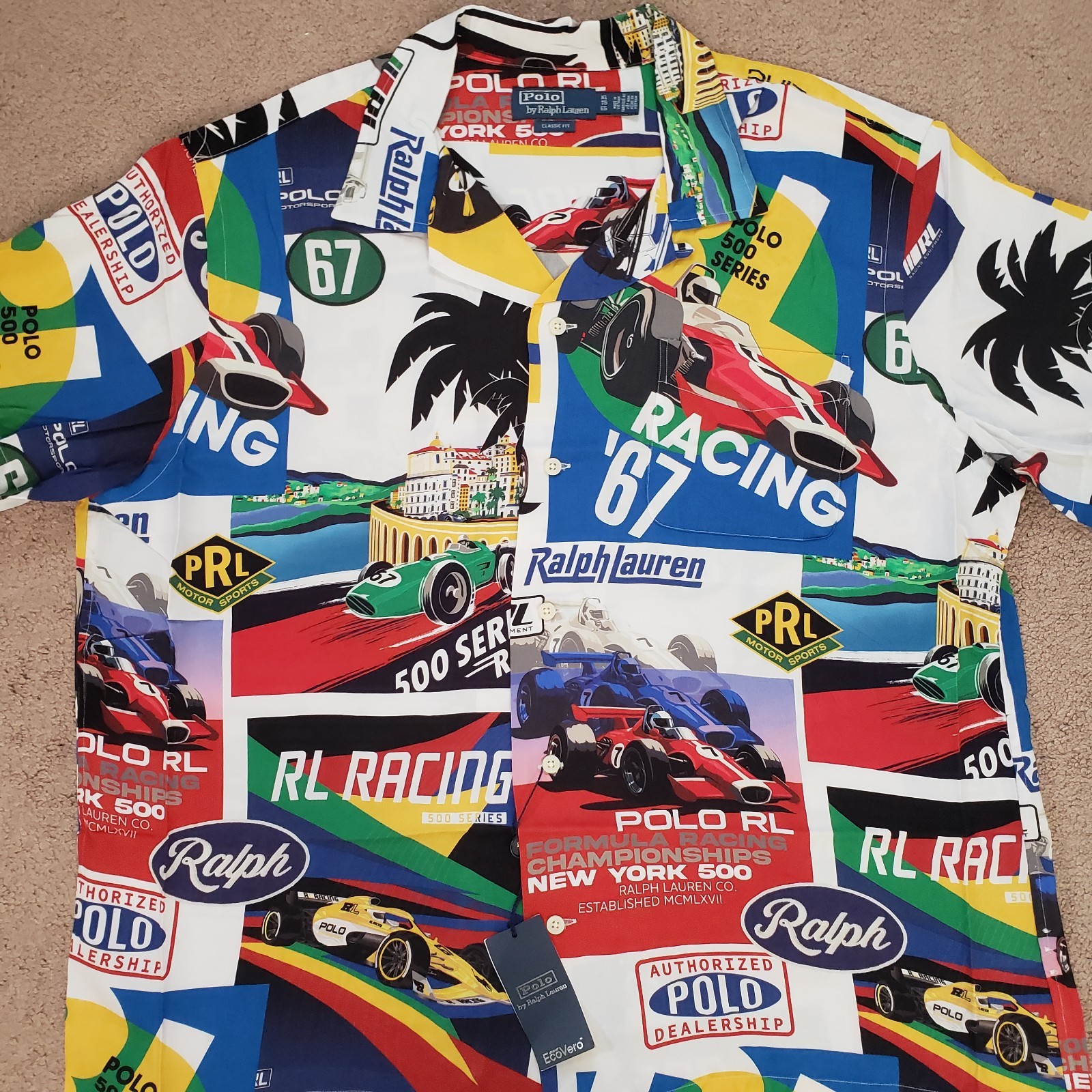 Polo Ralph Lauren Formula Racing Sz XL Classic Fit Prix Poster Woven Camp Shirt