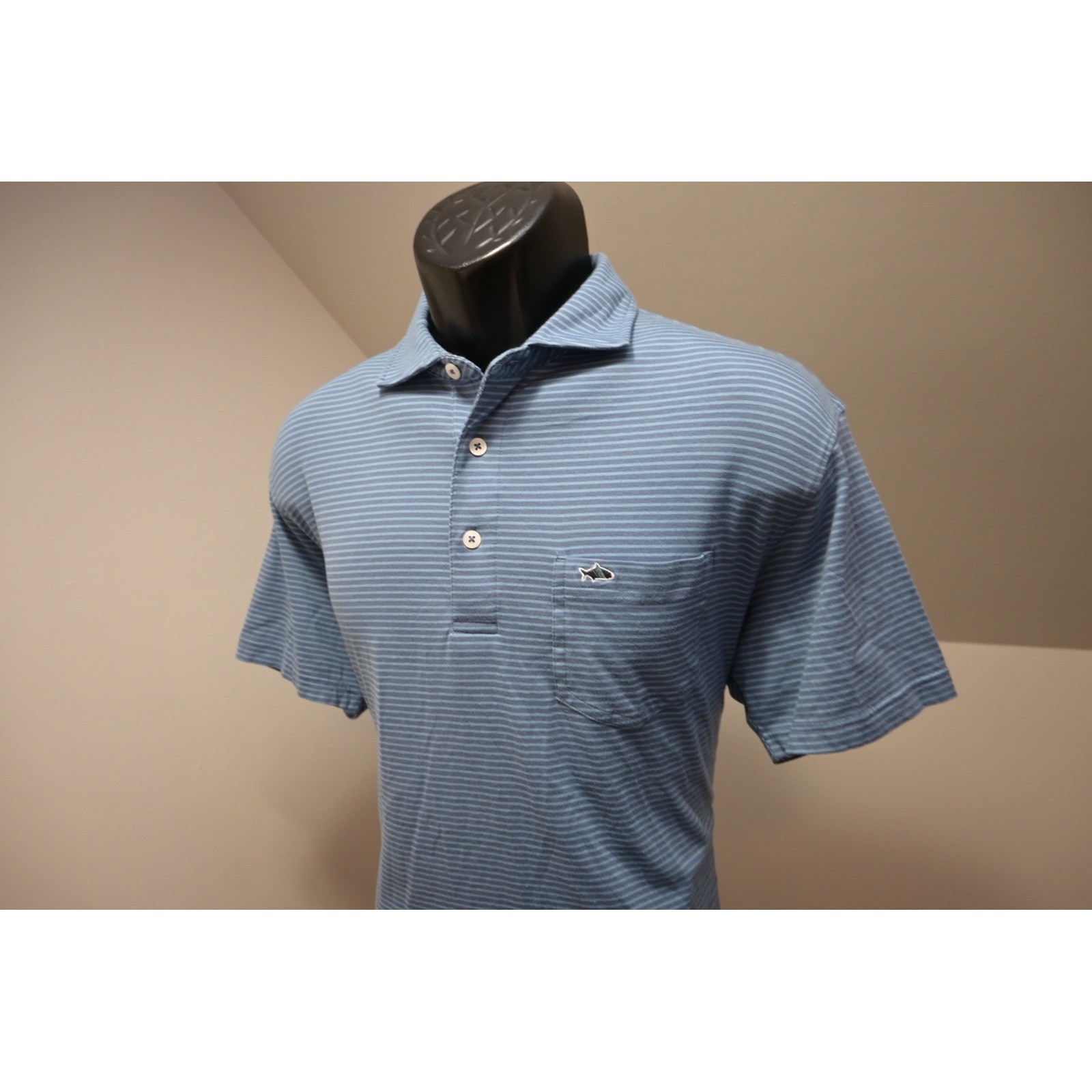 Fish Hippie Co Polo Shirt Mens Medium Blue Striped Pima Cotton Stretch Excellent