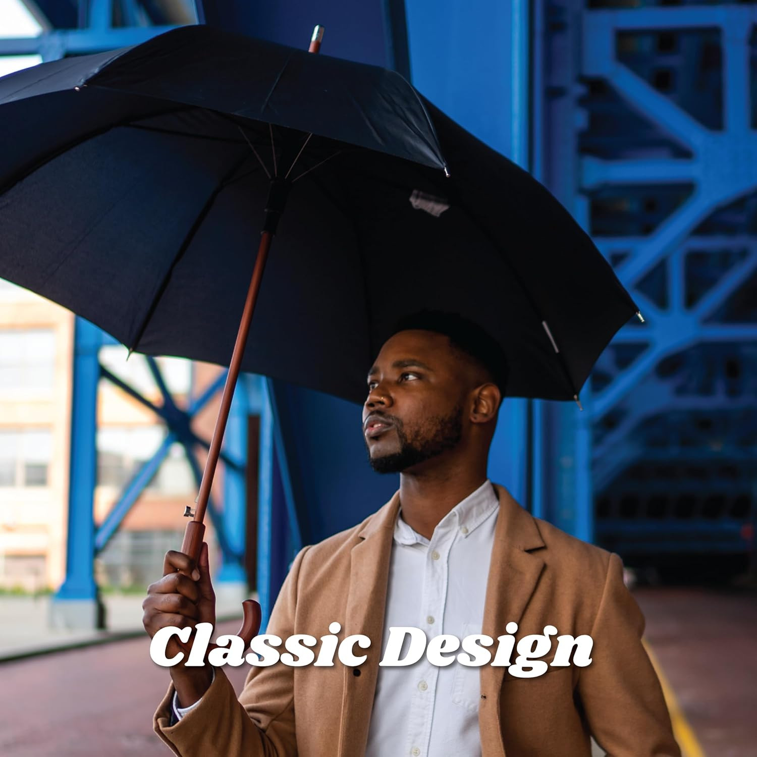 Eco-Friendly Auto Open Umbrella with Classic Wooden J Handle – Easy Grip
