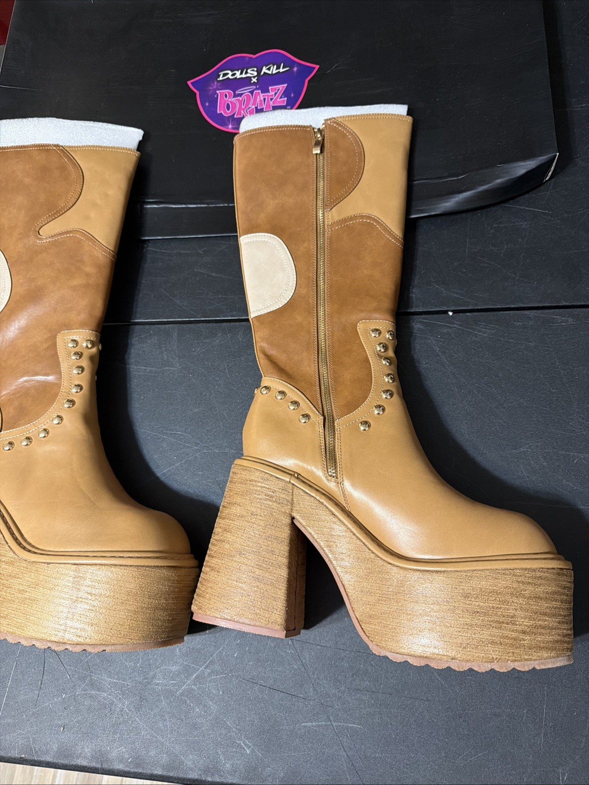 Dolls Kill x Bratz Superstar Status Platform Boots Brown Patchwork Knee High