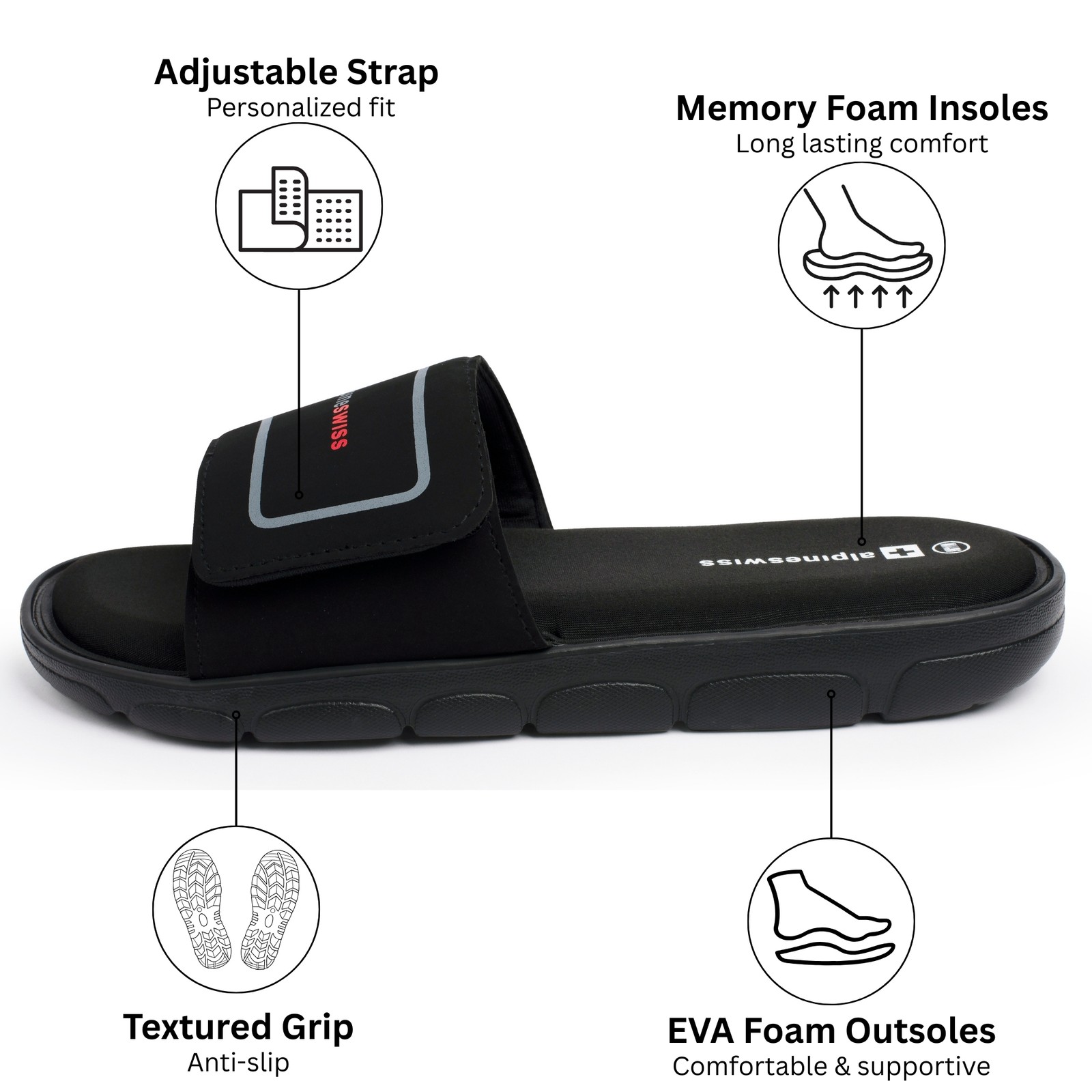 Alpine Swiss Gabe Men Slide Sandals Shock-absorbing foam Insole for Arch