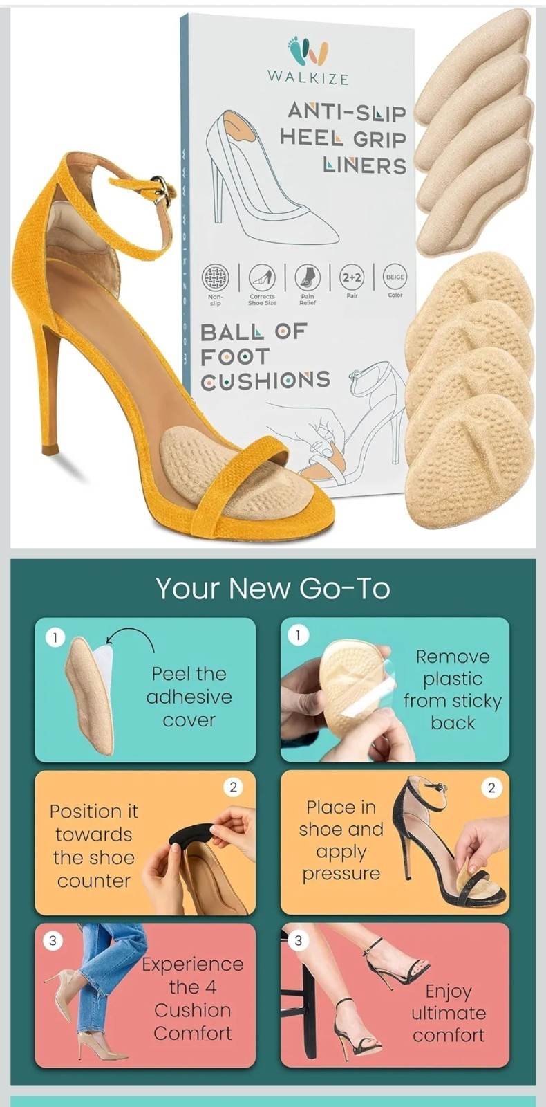 8 PAIRS-Walkize Gel-Filled Ball of Foot Cushions with Anti-Slip Heel Grip Liners