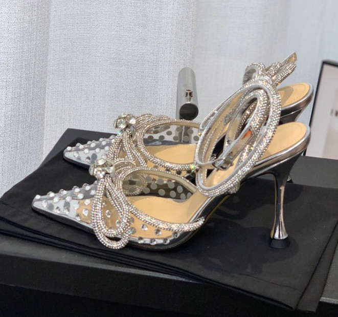 Women Rhinestone Ankle Strappy Pumps Bowknot Pointed Toe Stilettos Glitter Shoes