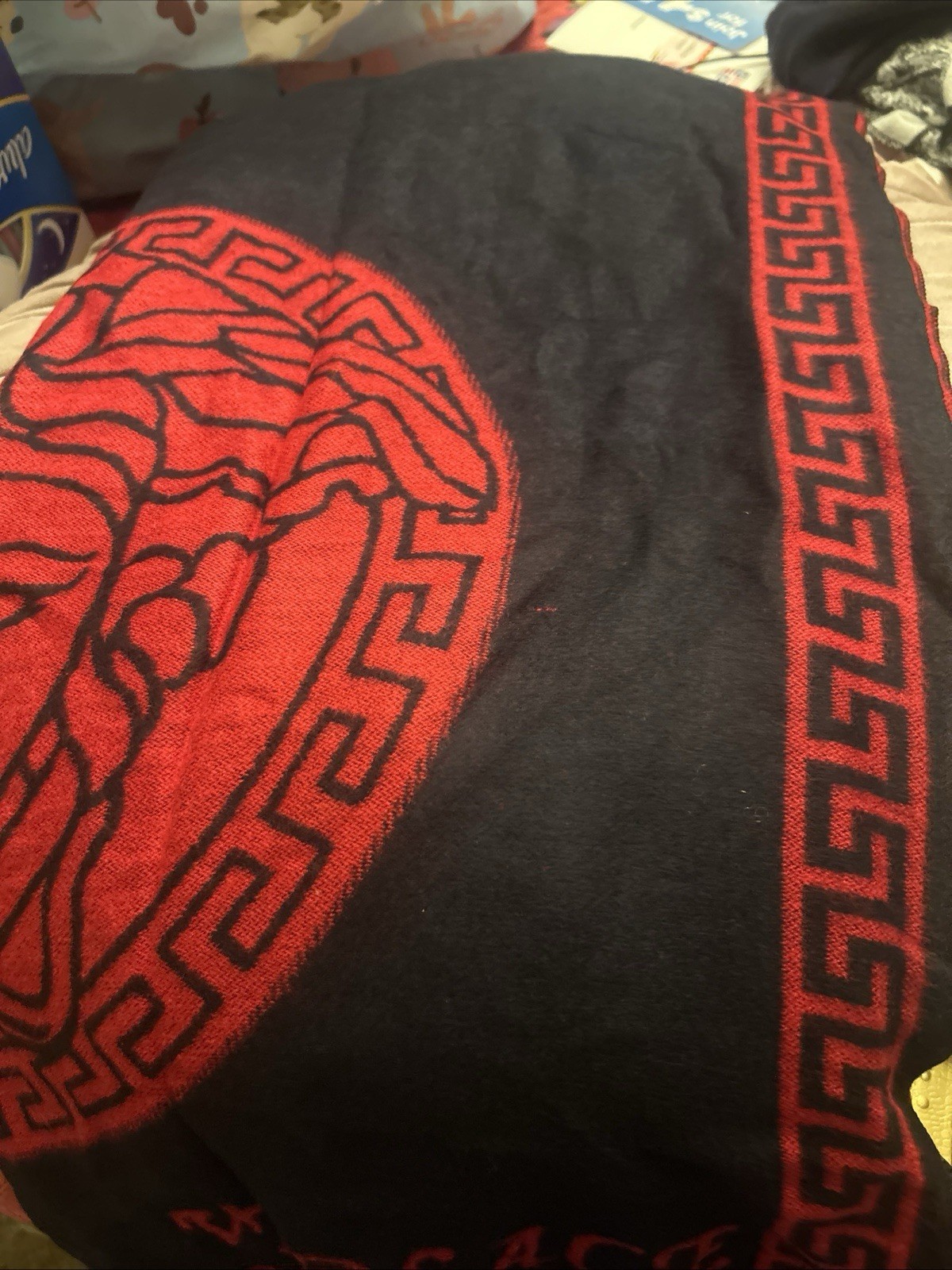 •Versace Wool Cashmere Knit Reversible Black Red Medusa Scarf 11”x68”