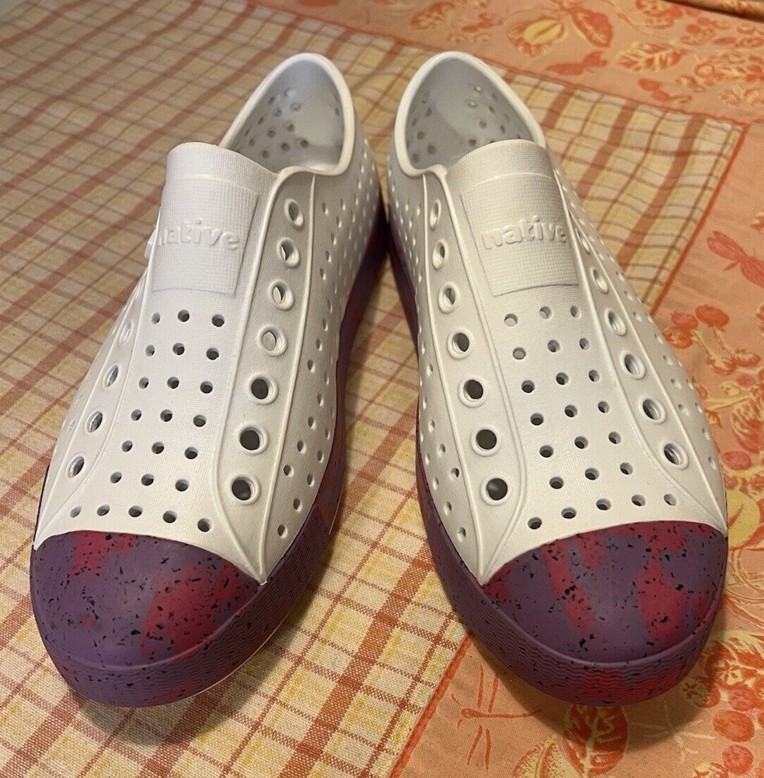 Native Jefferson Shoe White Purple Pink Sea Fan Dazzle Marble Slip On W8/M6 NWT