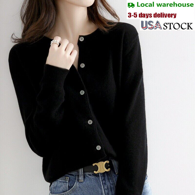 Women’s Cashmere Blend Cardigan Solid Color Sweater Simple Crew Neck Jacket Coat