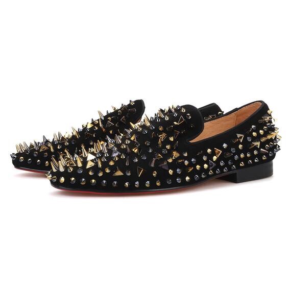 Men FERUCCI Black Velvet Slippers Loafers Flat Gold Spikes Rivet Wedding Prom