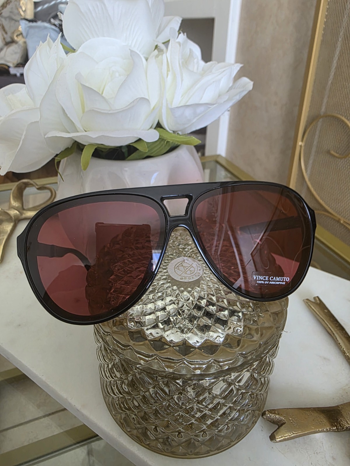 Vince Camuto Women’s Aviator Sunglasses Black Plastic Frame Red Tinted Lens