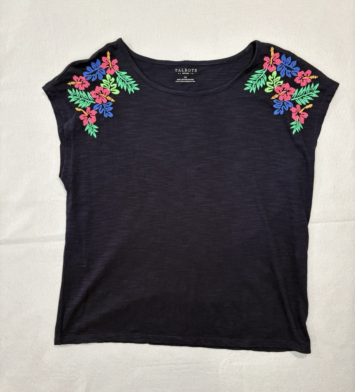 Talbots Petites Large Navy Blue Floral Tropical Embroidered Cap Sleeve T-Shirt