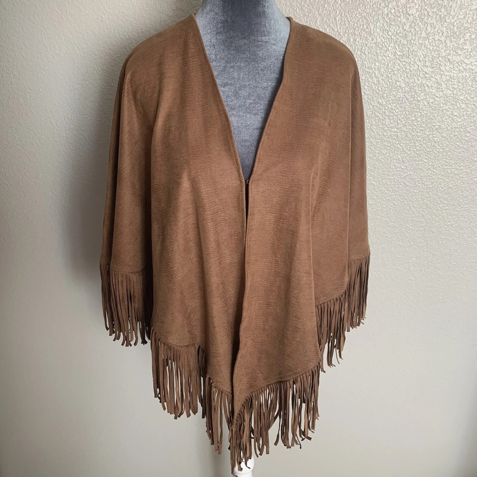 Chico’s Brown Fringe Poncho Shawl One Size Western Boho Faux Suede Wrap
