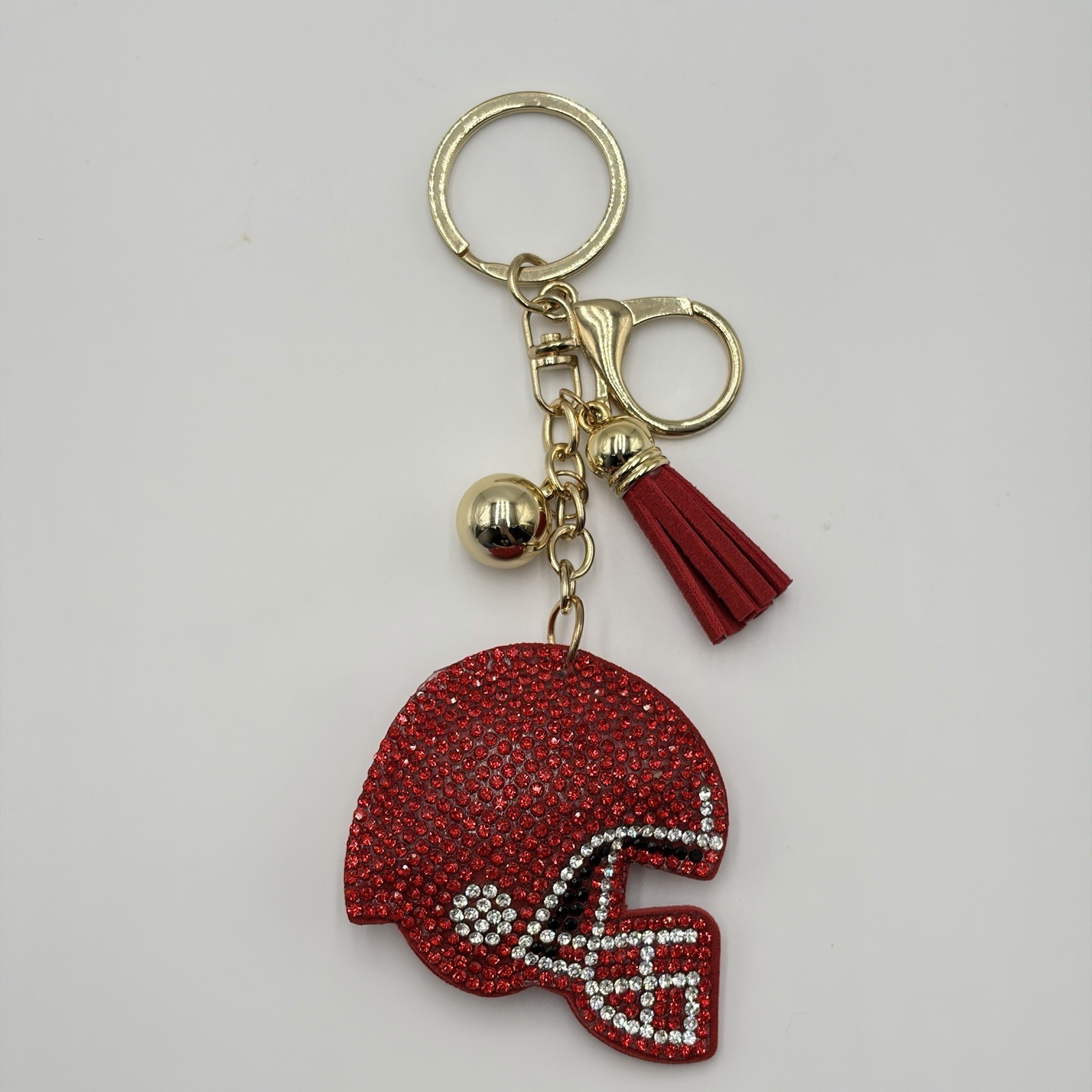 Football Helmet Rhinestone Bag Charm Keychain Sports Fan Tassel Red Gift