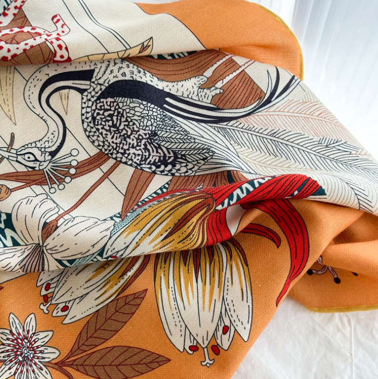 70% Cashmere 30% Silk Wrap Scarf garden Print Double Face Print Shawl 135X135cm