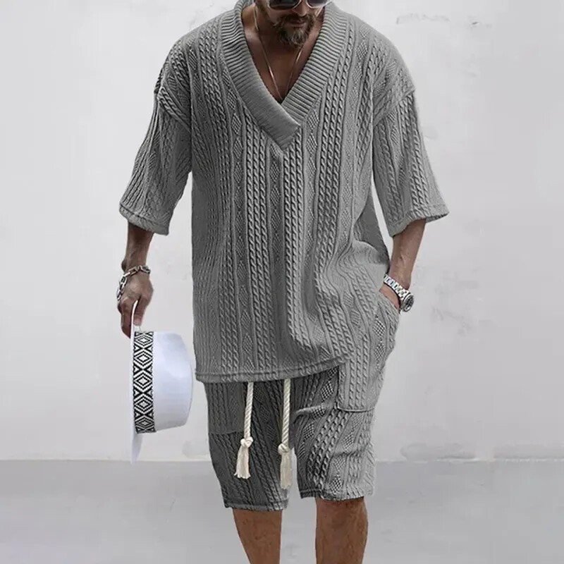 Men’s 2 Piece Knitted Set Summer Rolled Sleeve Short sleeve Shirt and Shorts Set