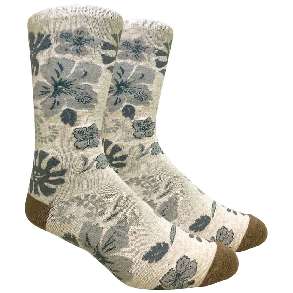 Men’s Hawaiian Floral Hibiscus Novelty Socks Ecru Gray Fits Size 10-13