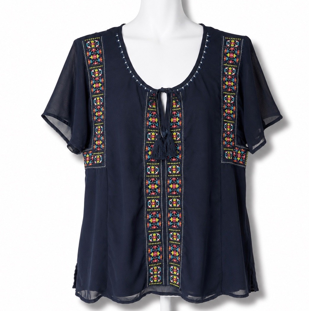 VTG American Eagle Outfitters Sheer Navy Colorful Embroidered Boho Blouse Large