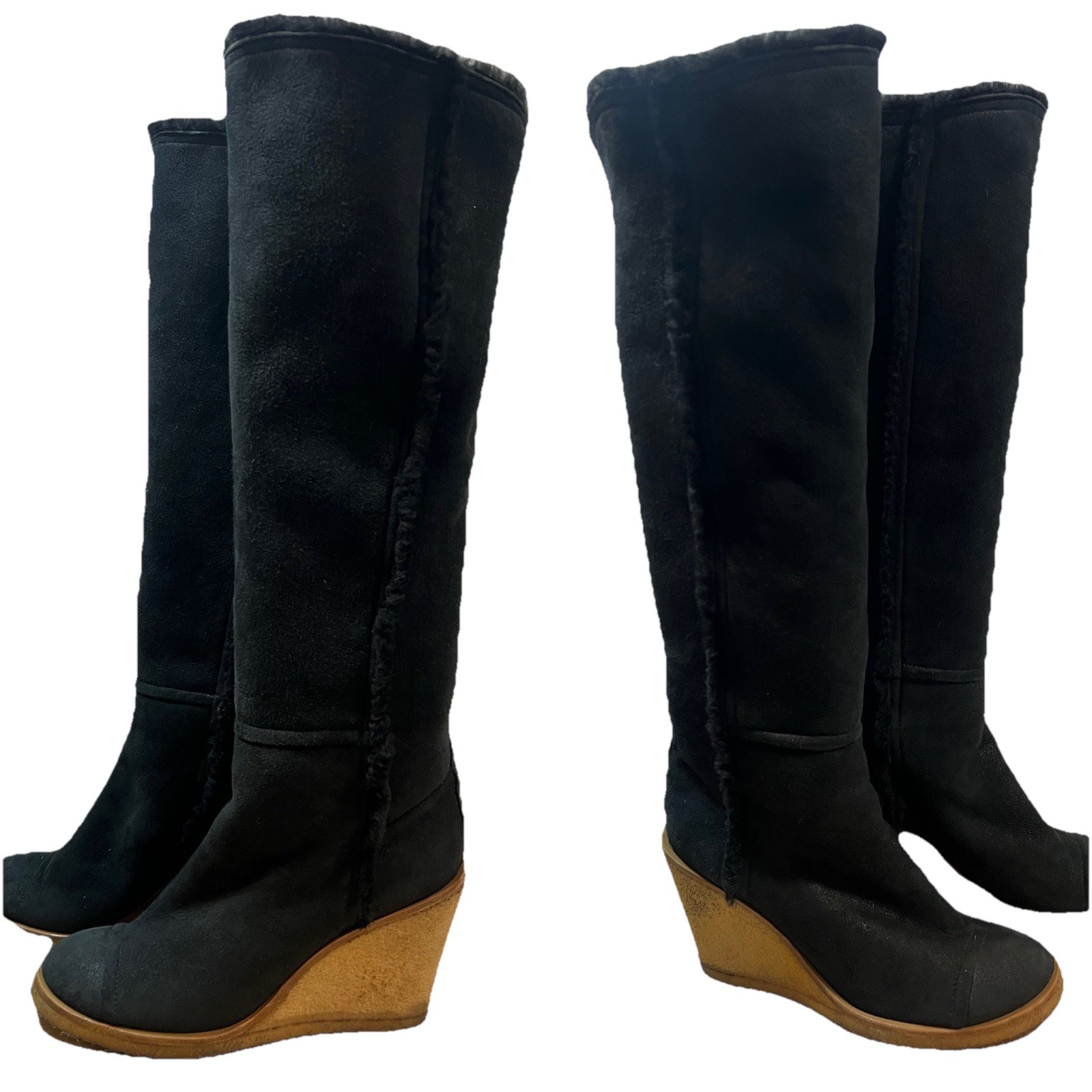 Chanel Boots 40 Wedge Knee High Suede Sherpa Fur Lined Biker Moto Spellout Logos
