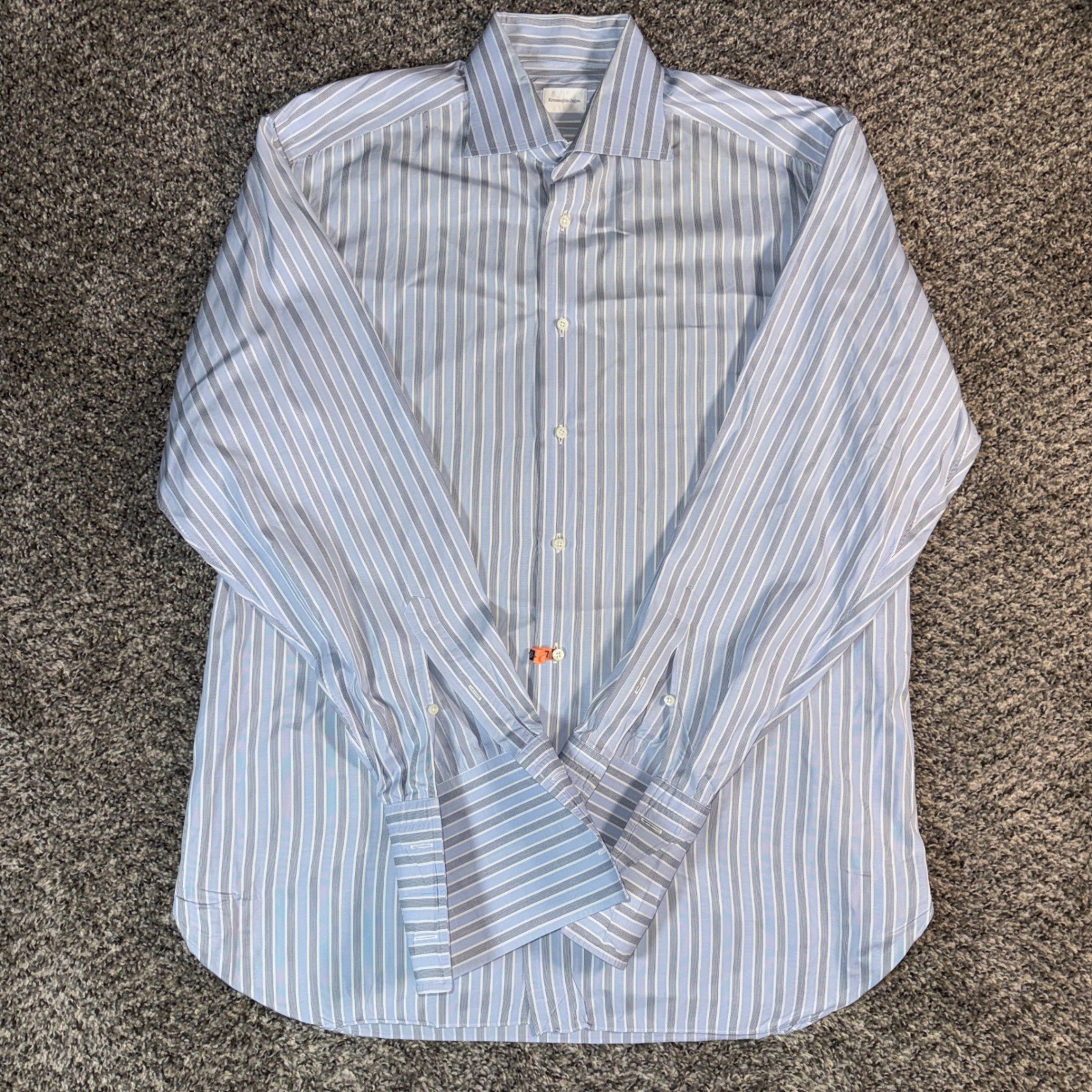 Ermenegildo Zegna 43/17 Mens Blue Striped French Cuff Dress Shirt Spread Collar