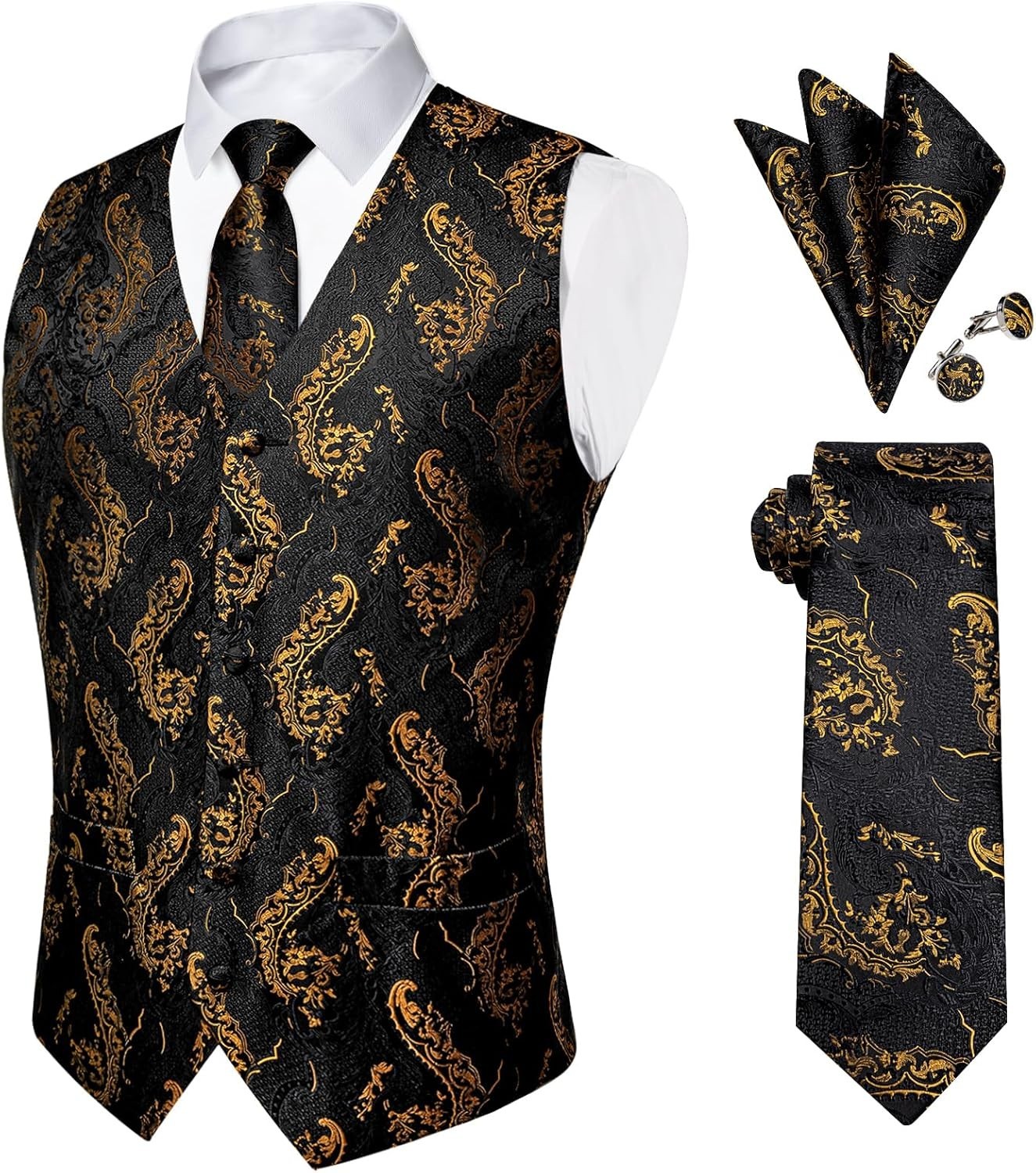 Mens Paisley Silk Vest Tie Pocket Square Cufflinks Set for Wedding Party Formal