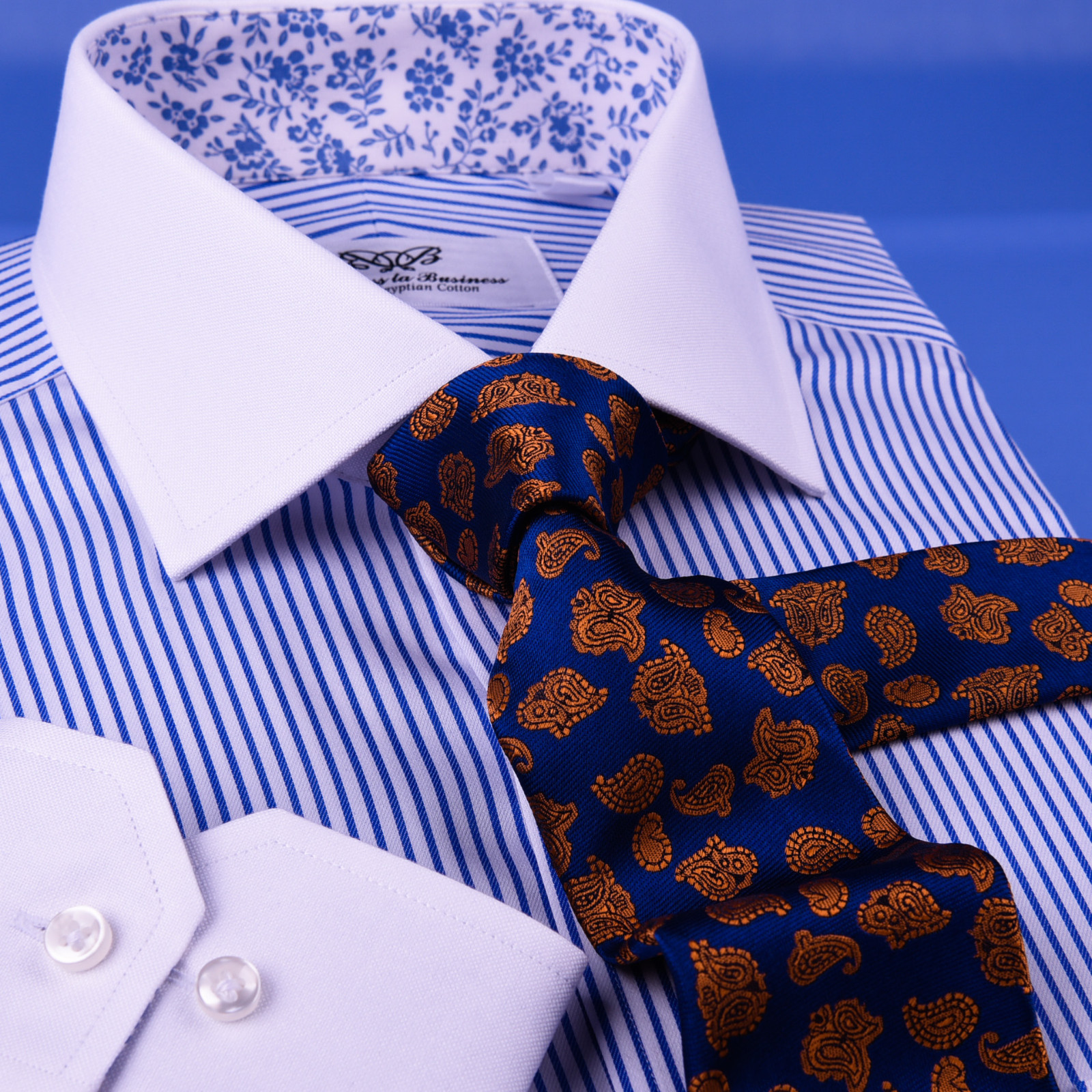 Bright Blue Striped Winchest Contrast Dress Shirt Standard Single Cuff Smart