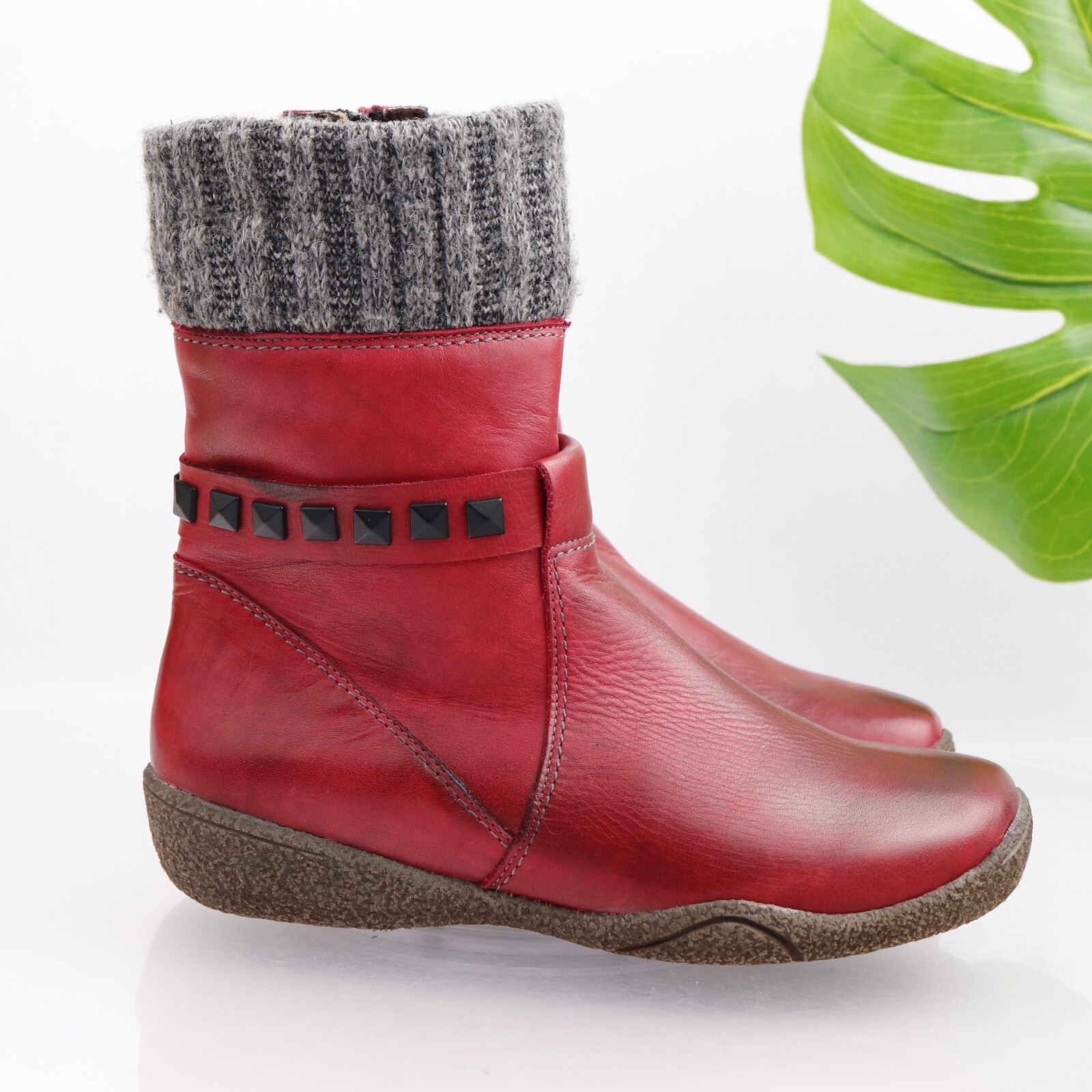 NAOT Theresia M Women’s Boot Size 7 Mid Red Leather Knit Cuff Comfy Orthotic