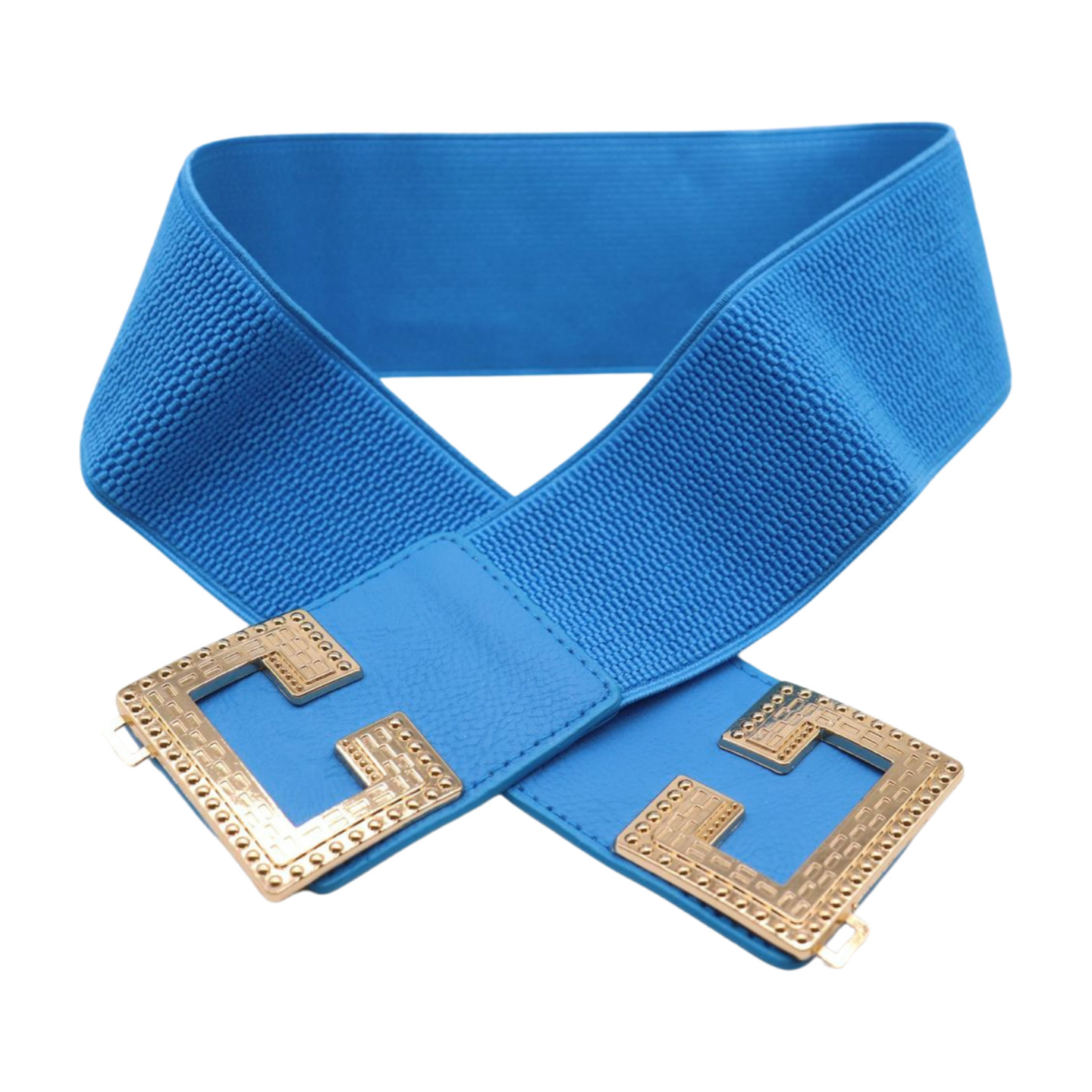 Women Blue Elastic Wide Fashion Belt Hip High Waist Gold Metal C Buckle Size S M
