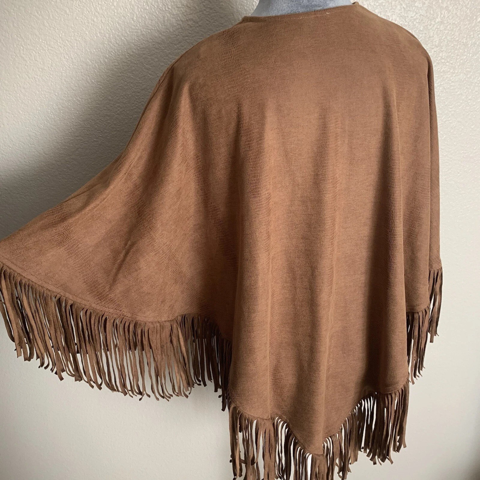 Chico’s Brown Fringe Poncho Shawl One Size Western Boho Faux Suede Wrap