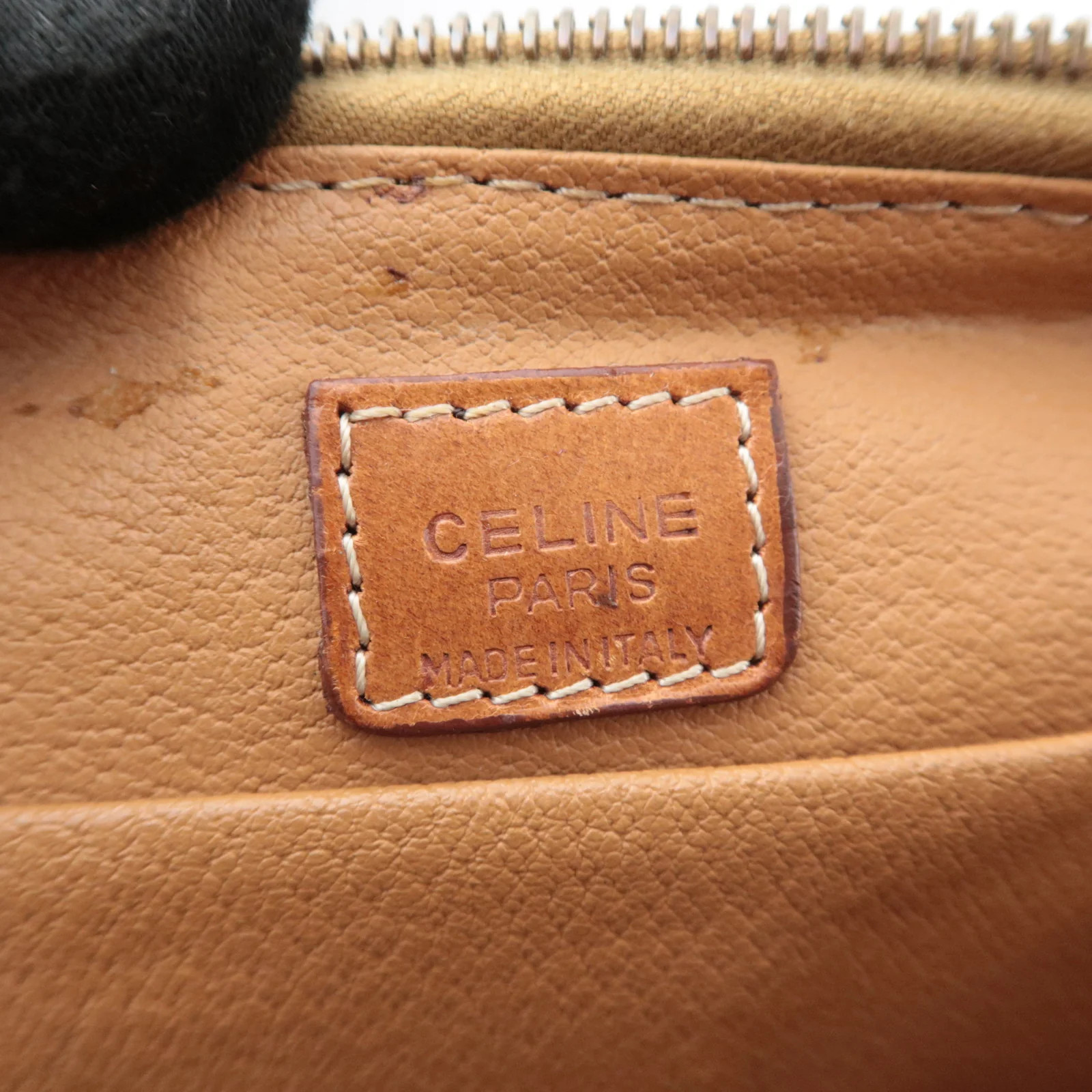 CELINE Macadam PVC Leather Cosmetic Pouch Brown Gold HDW Authentic