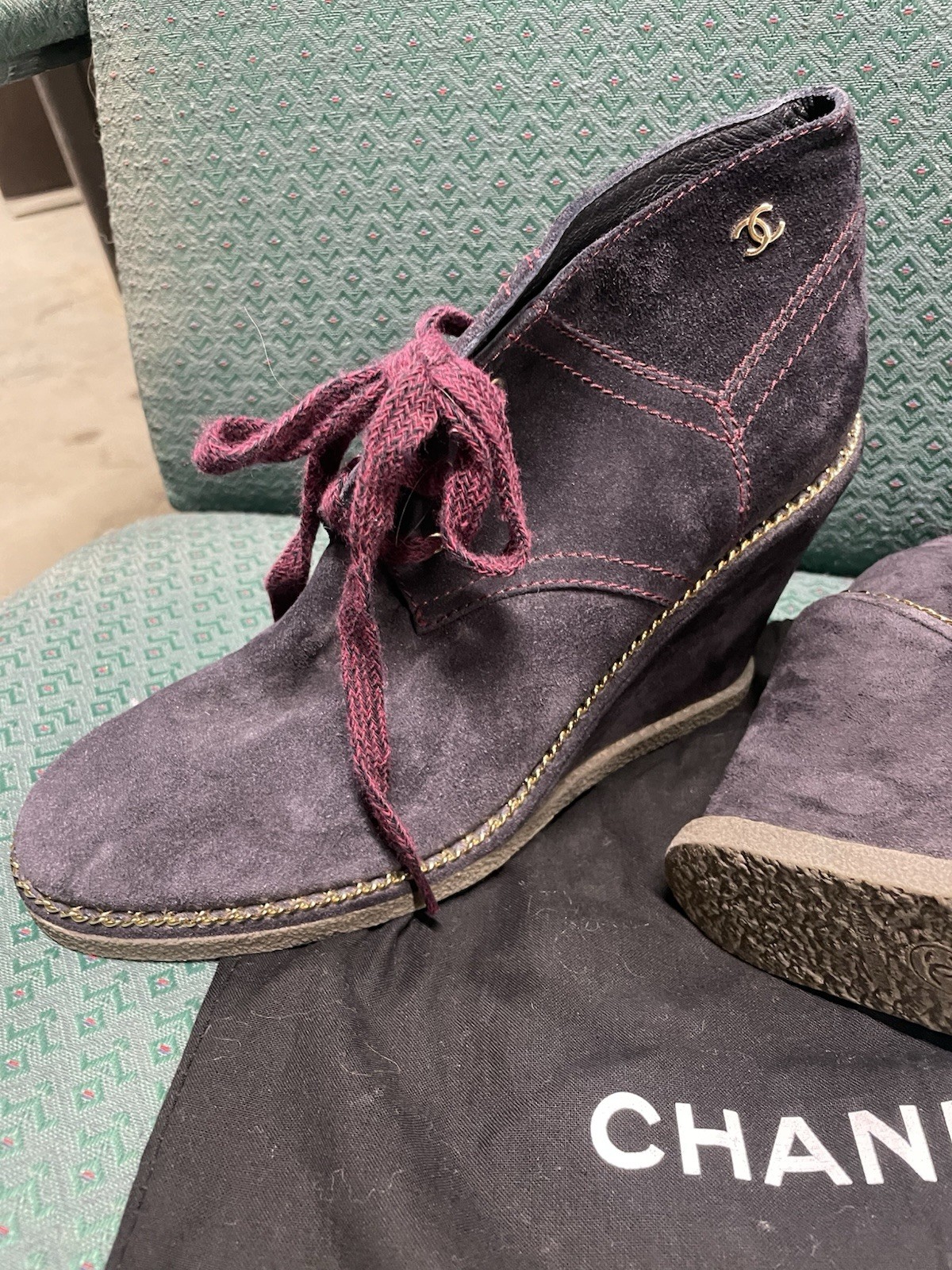CHANEL Purple Suede Lace-Up Ankle Booties CC Logo Round Toe EU 41