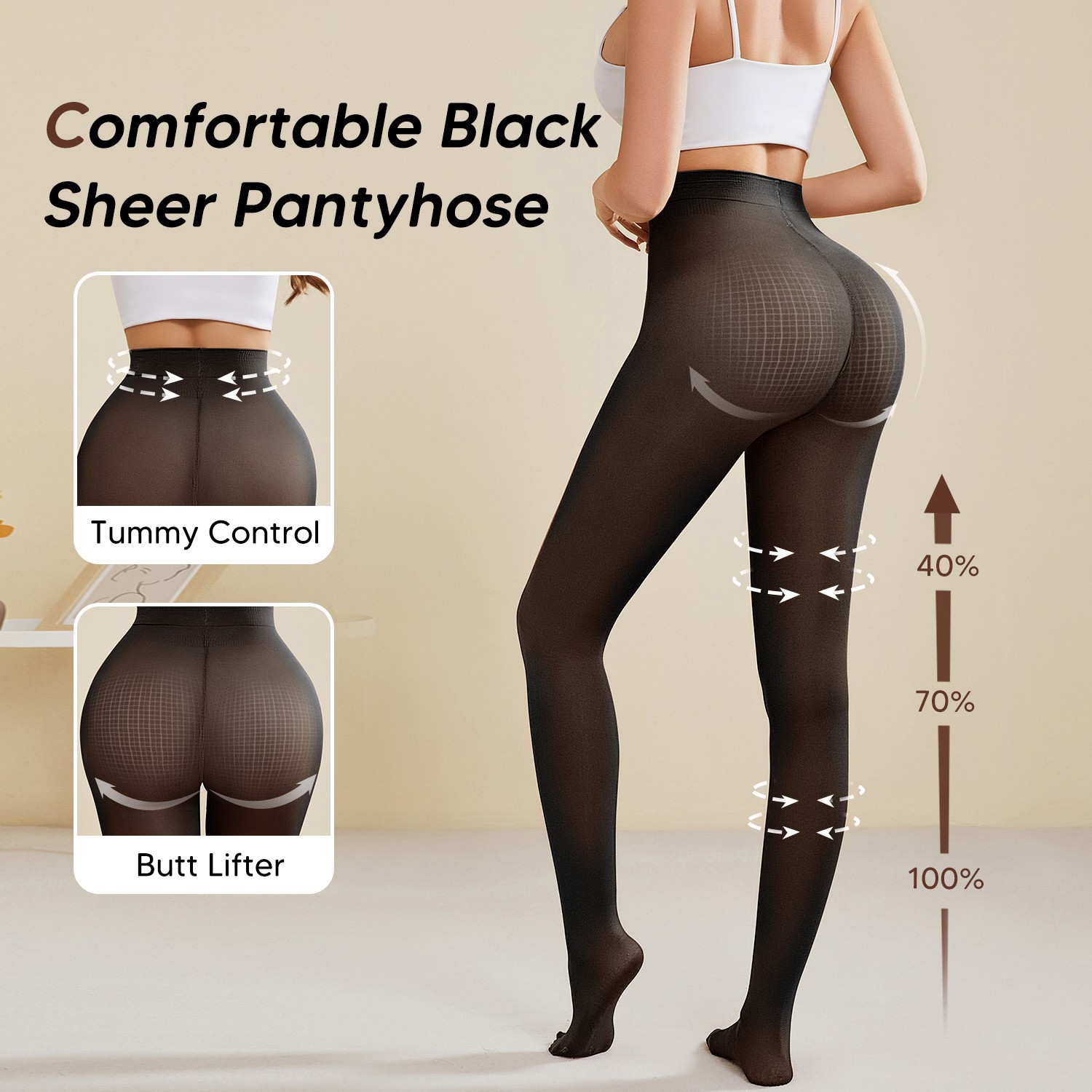 Semi Sheer Control Top Pantyhose for Women High Waist High Stretch Tights Black