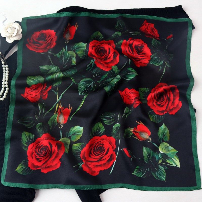 100% Mulberry Silk Satin Square Scarf Red Rose Floral Print 20.9″×20.9″