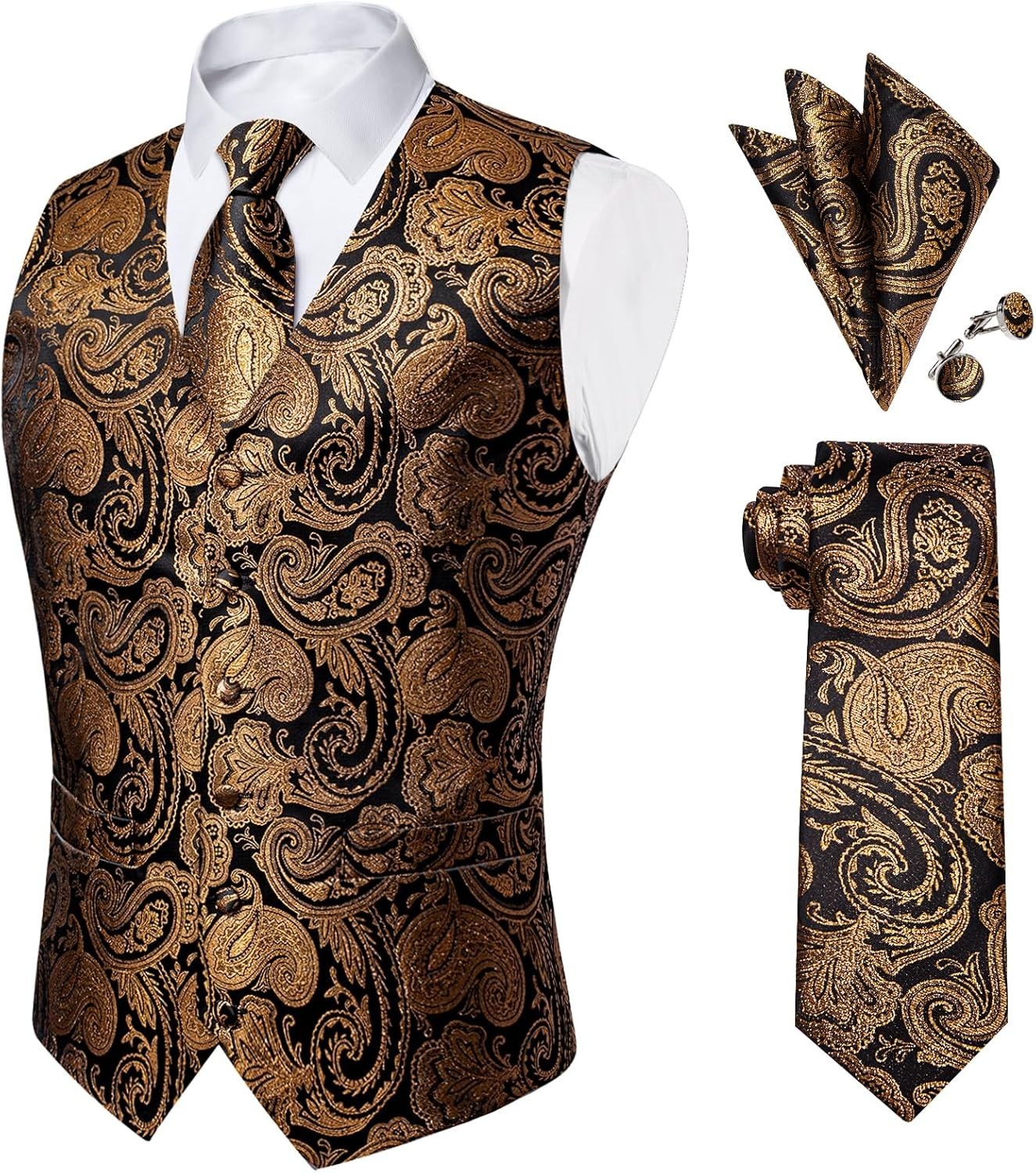 Mens Paisley Silk Vest Tie Pocket Square Cufflinks Set for Wedding Party Formal