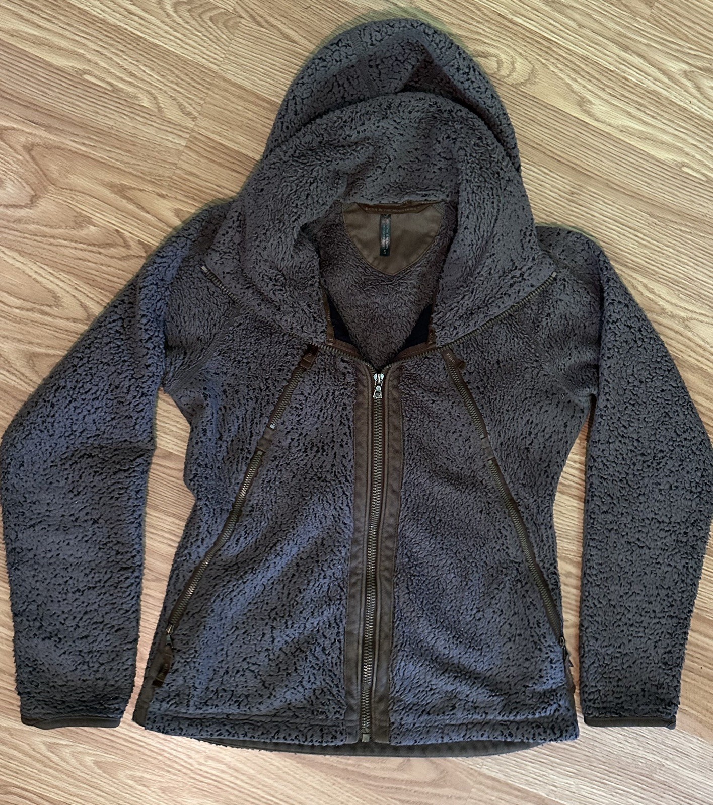 Kuhl Flight Sherpa Fleece Jacket, Size Small, gray/brown, attached hood