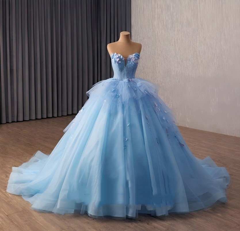 Light Blue Tulle Quinceanera Ball Gown 3D Floral Sparkly Sweet 16 Pageant Dress