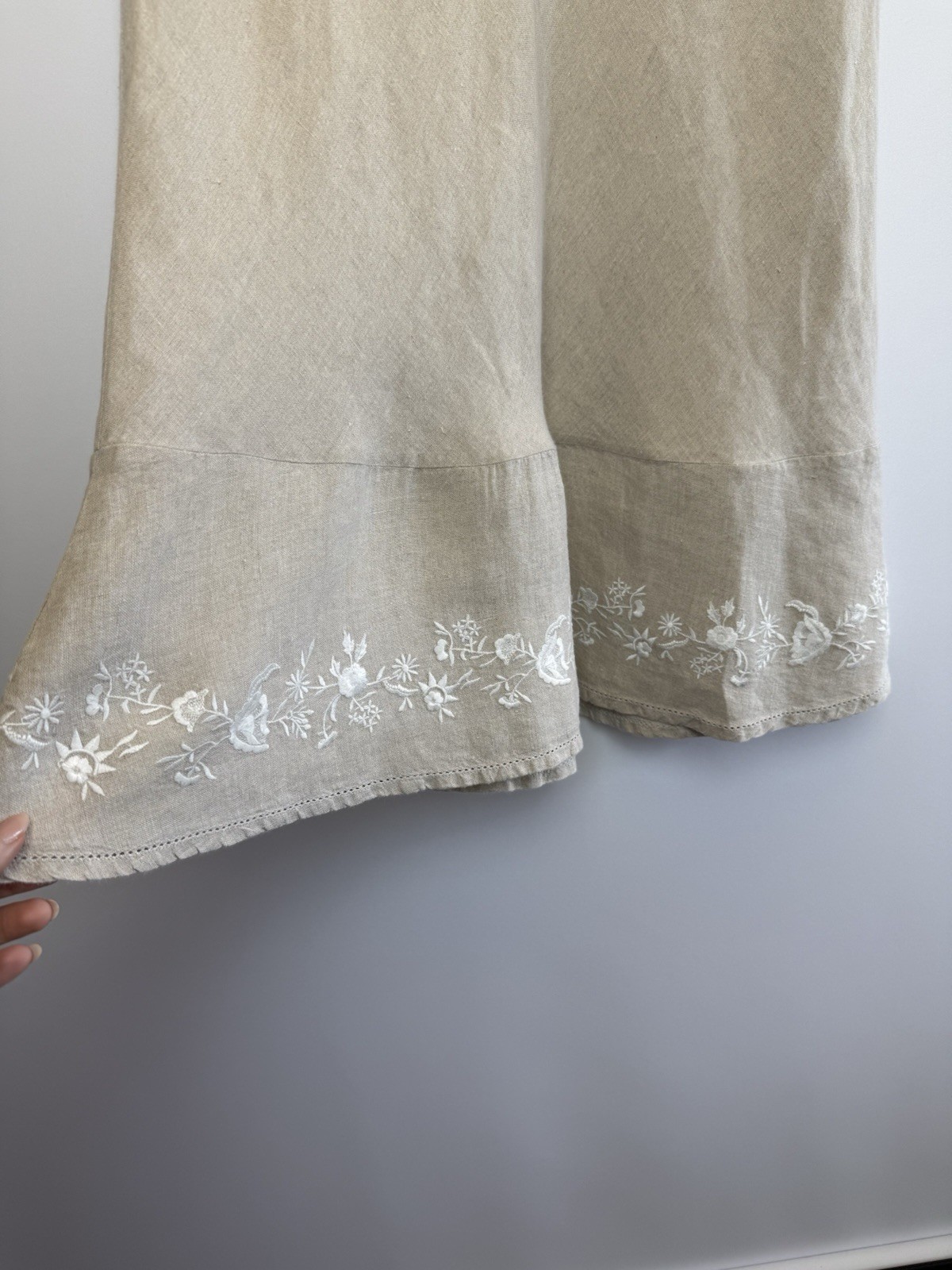 Orvis 100% Linen Skirt UK 12 Beige Elasticated Waist Embroidered Hem Summer