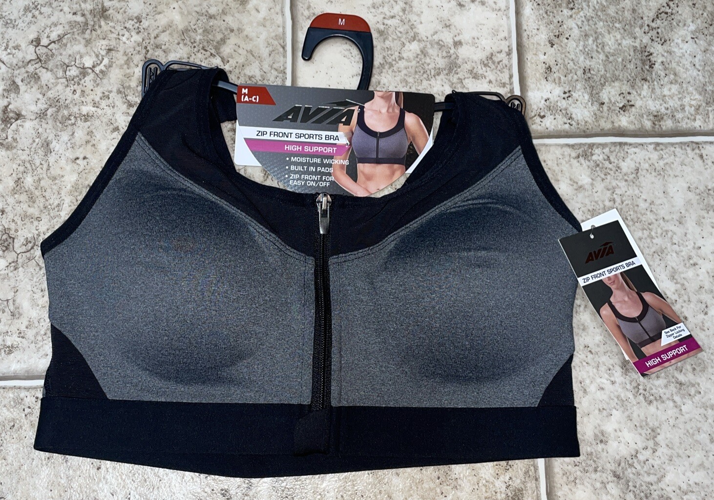 NWT Womens Avia Black & Grey Heather Zip Front Seamless Sports Bra Size Medium