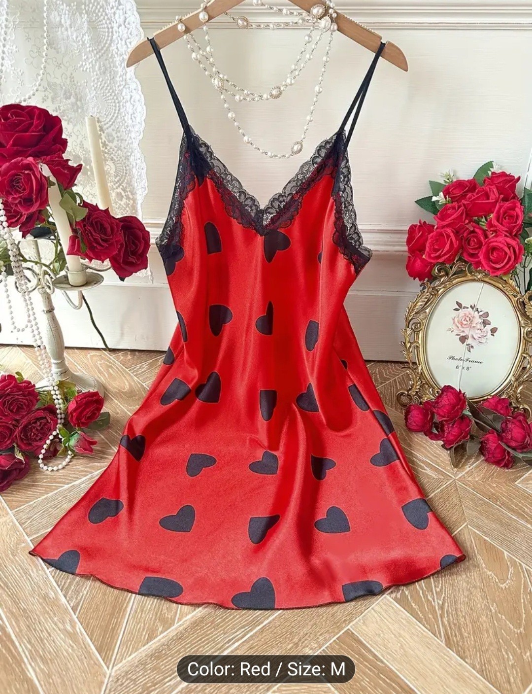 Heart Print Camisole Sleep Dress – Lace Trim, V-Neck, Machine Washable – Size M