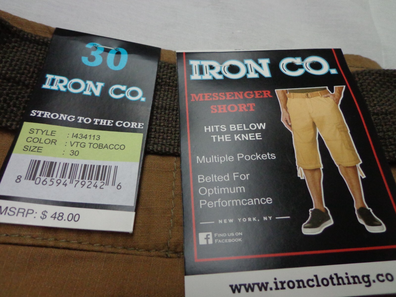IRON CO. ‘Messenger’ Cargo Belted Below Knee Shorts Vintage Tobacco Size 30 NEW